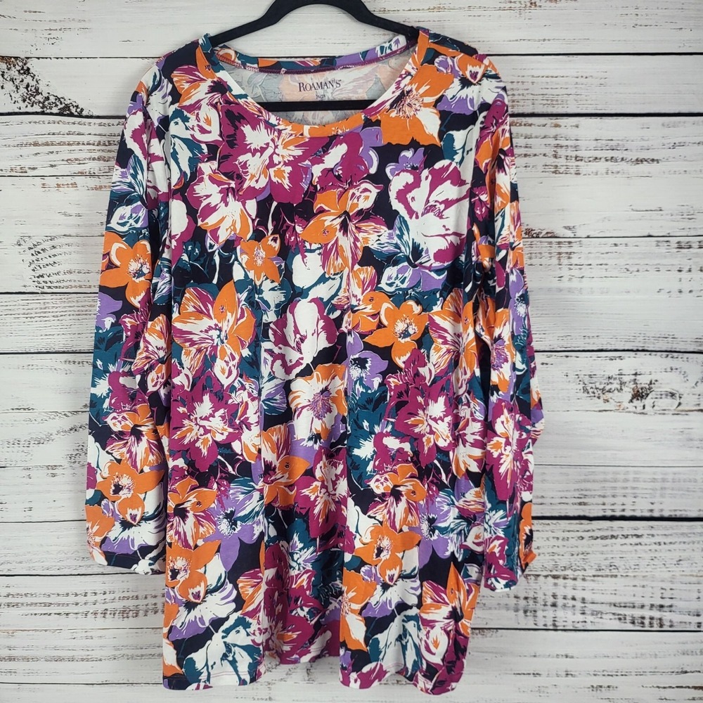 Roamans Long Sleeve Top 26/28 2X Womens Plus Size Multicolor Floral Pullover